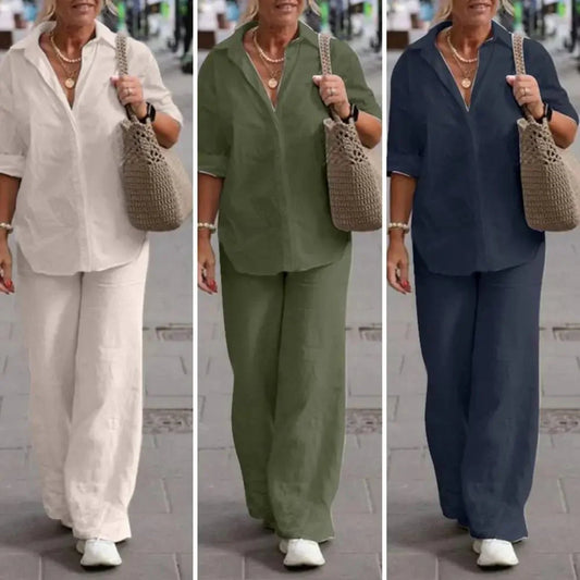 Ensemble Femme Lin Décontracté Élégant Manches Courtes Chemisier Boutonné – Haut Respirant et Pantalon Large – Tenue Légère d’Été