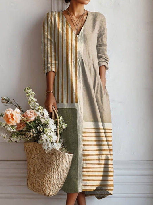 Maxi Floral Bohemian Linen Dress for Women – Casual Comfort with V-Neck