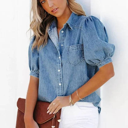 Chemise en Jean Décontractée Femme – Manches Bouffantes Effet Usé Boutonnée