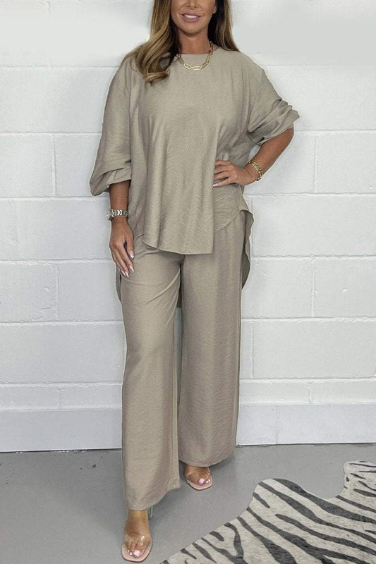 Elegant Bohemian Two-Piece Set for Women – Short-Sleeved Top and High-Waisted Trousers