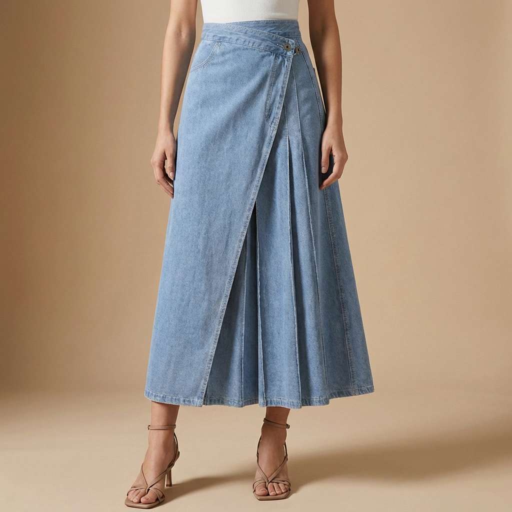 Jupe en denim femme taille haute avec fente frontale - Casual et estivale