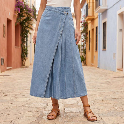 Jupe en denim femme taille haute avec fente frontale - Casual et estivale