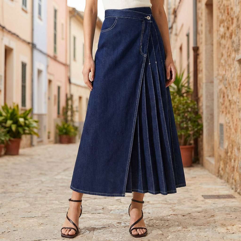 Jupe en denim femme taille haute avec fente frontale - Casual et estivale