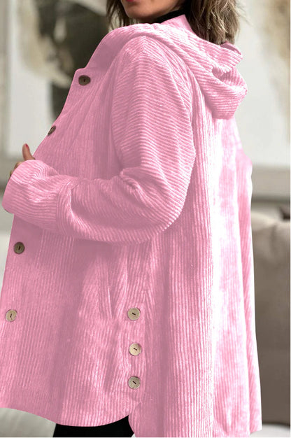 Veste Femme Élégante en Velours Côtelé à Capuche – Pull Boutonné Mi-Long Décontracté