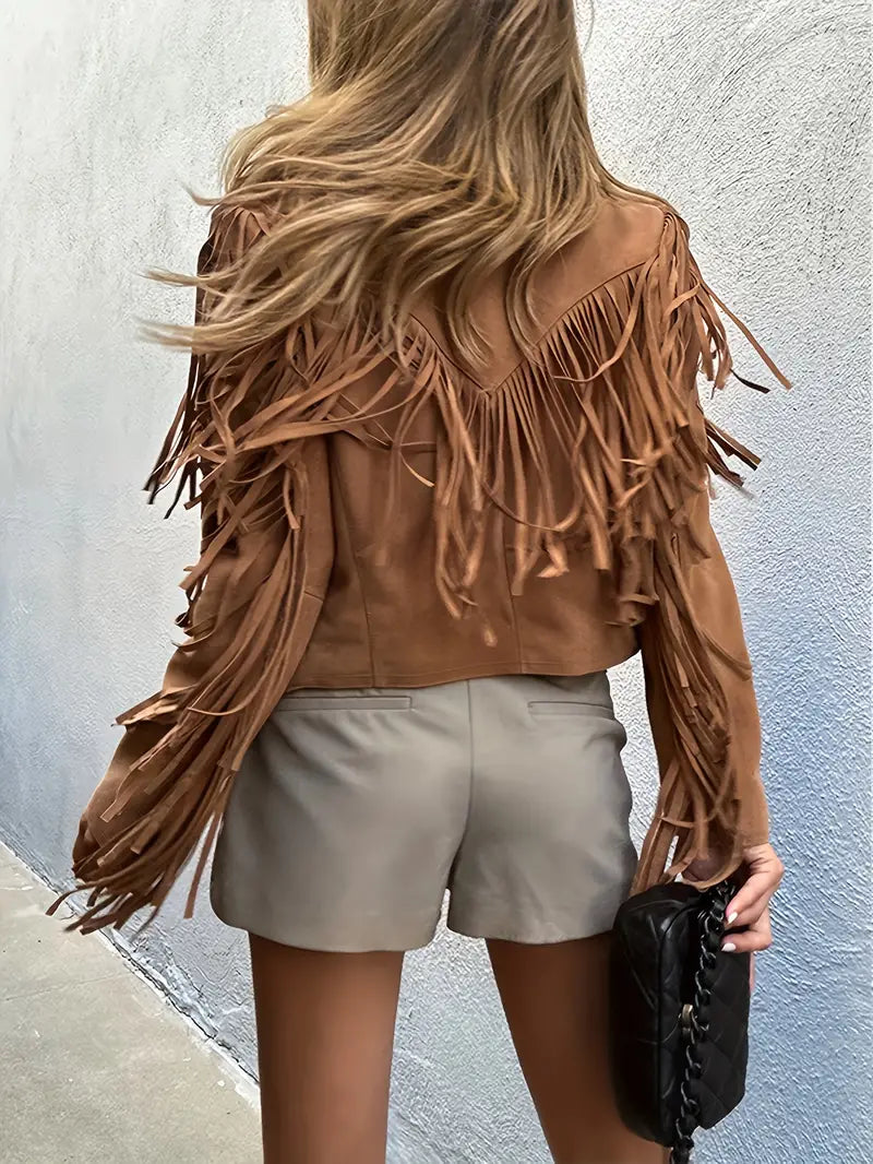 Veste en Suède pour Femme avec Col à Revers et Franges – Élégance Bohème