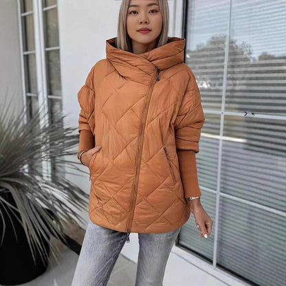 Women’s Hooded Puffer Jacket with Zip Closure – Chic and Warm Patchwork Style for Winter