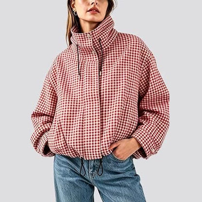 Veste femme à carreaux, col montant et fermeture zippée – Style décontracté chic et court