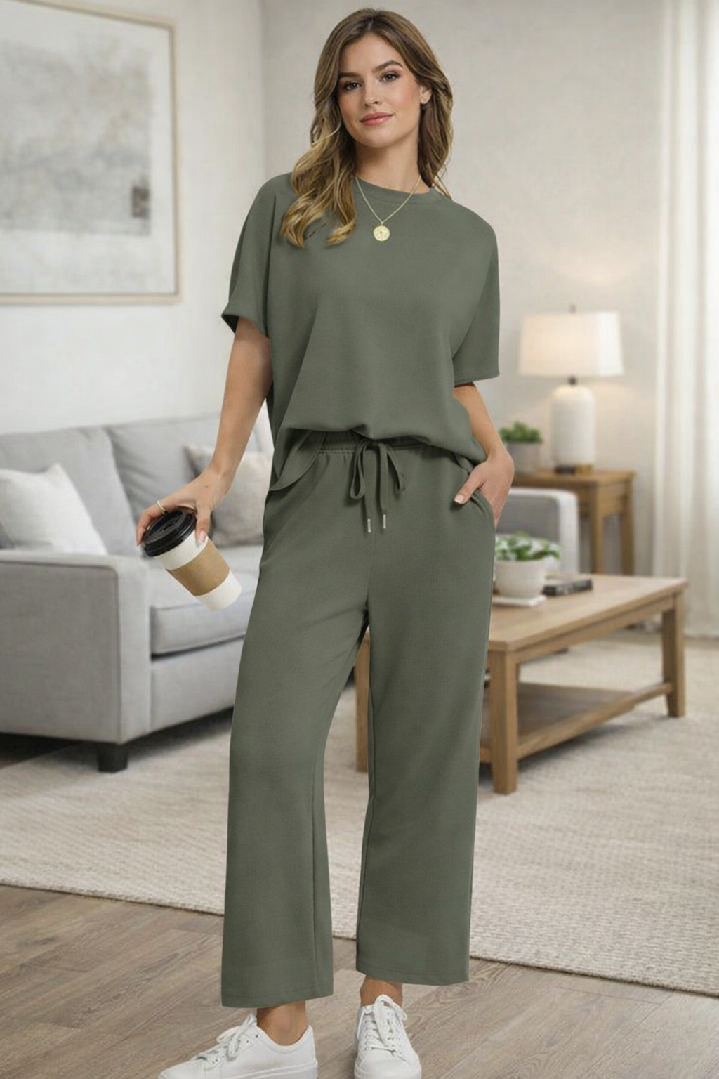 Ensemble Lounge Décontracté Moderne Femme Élégant – Confort Deux-Pièces en Tricot Nid d’Abeille