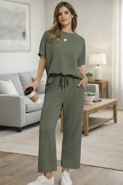 Ensemble Lounge Décontracté Moderne Femme Élégant – Confort Deux-Pièces en Tricot Nid d’Abeille