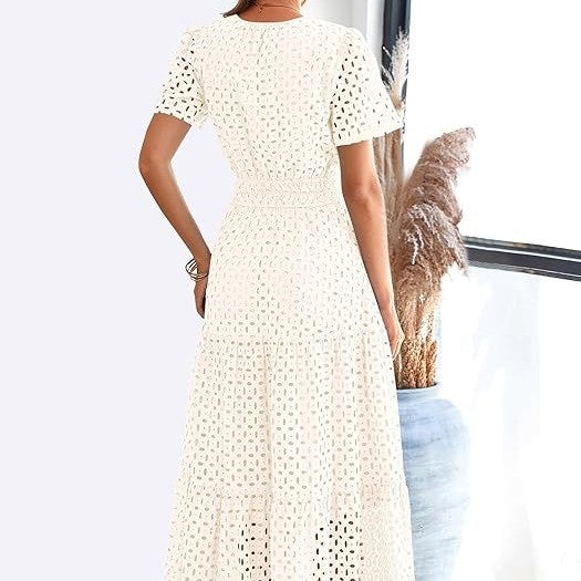 Robe Longue Fluide de Vacances à la Plage pour Femme – Style Col en V à Manches Courtes Eyelet