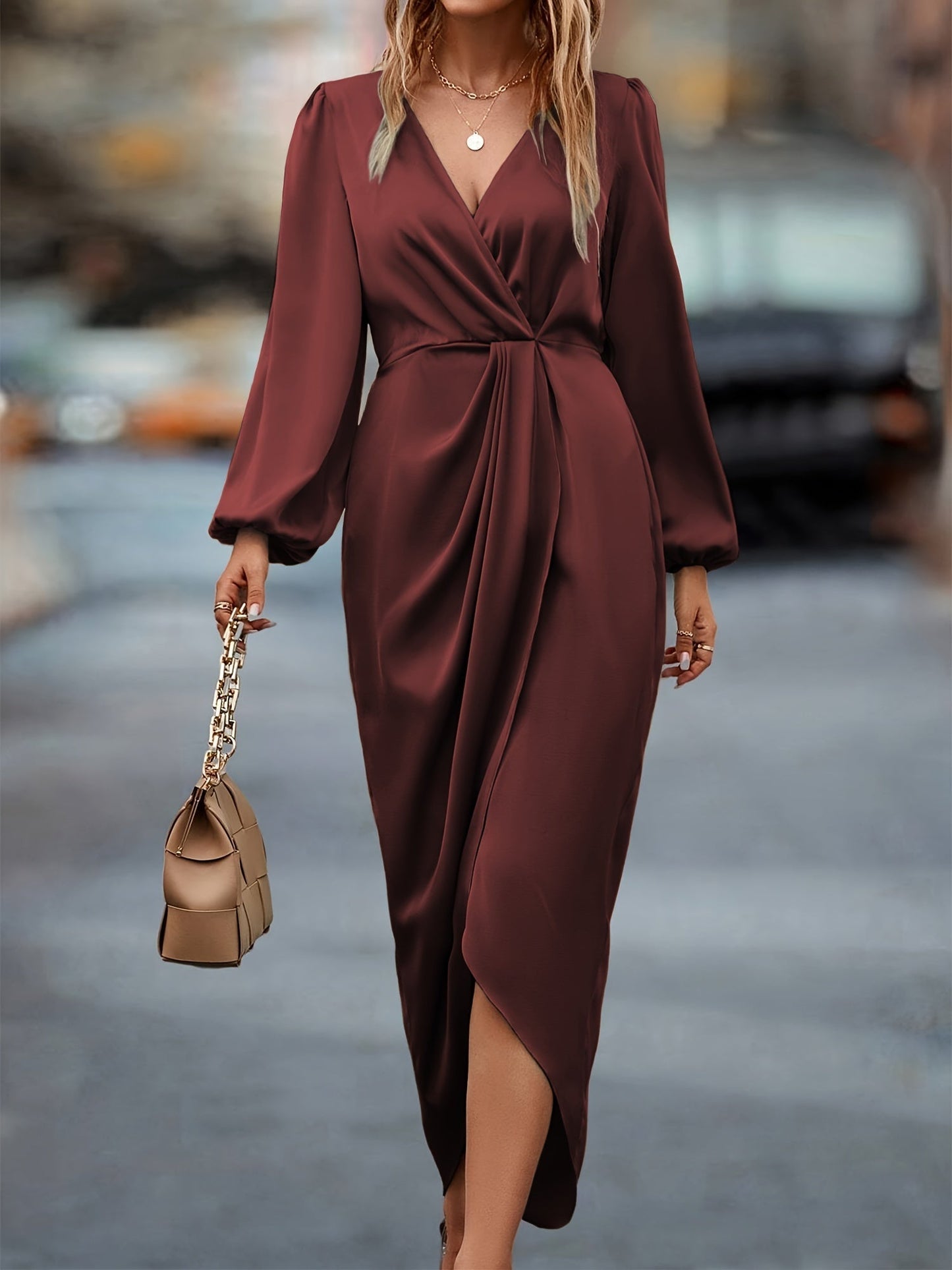 Robe élégante en satin à manches ballon et ourlet asymétrique pour femme – Robe de soirée fluide mi-longue flatteuse invitée