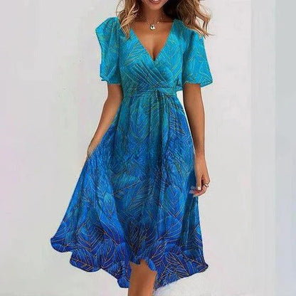 Robe Midi Femme Cache-Cœur à Fleurs – Style A-Line à Manches Courtes
