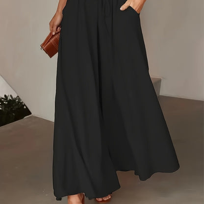 Pantalon Femme Jambe Large - Couleur Unie Élégante, Tissu Polyester Lisse Tissé - Décontracté Chic Toutes Saisons | Taille Micro-Élastique | Coupe Longue et Ample