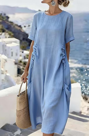 Vestido midi para mujer de algodón y lino con mangas cortas - Transpirable y relajado
