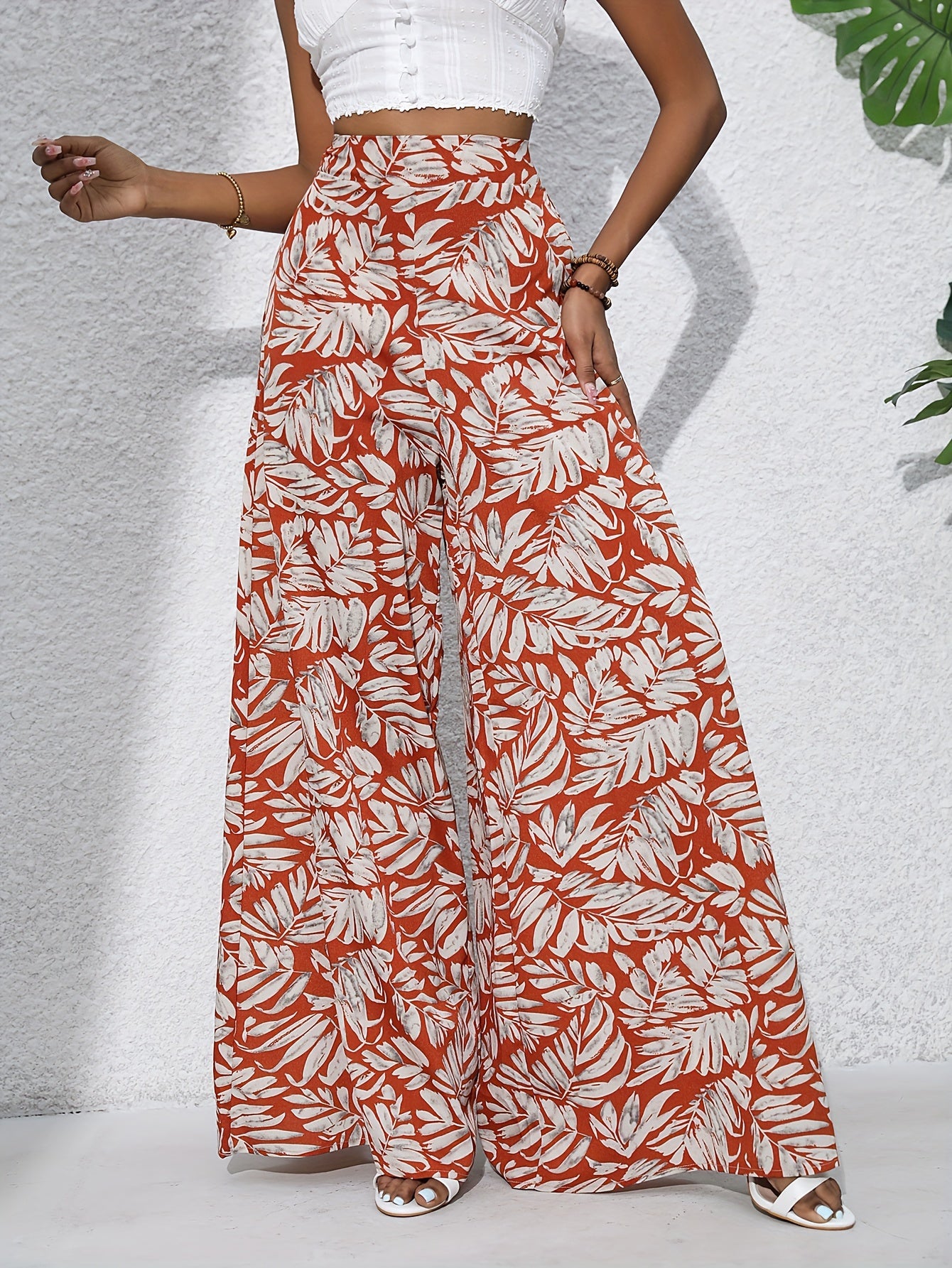 Pantalon large en coton imprimé floral bohème pour femmes - Taille haute, ceinture élastique, pantalon long de plage pour vacances d'été, style décontracté élégant