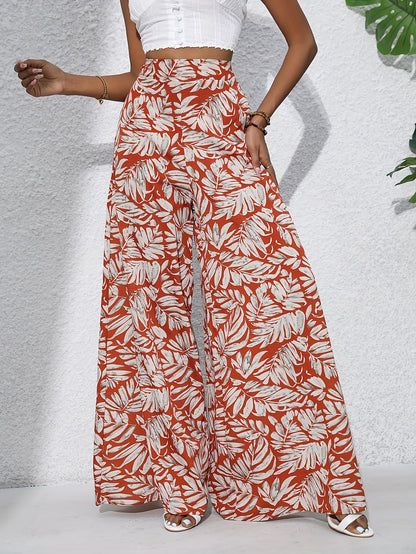 Pantalon large en coton imprimé floral bohème pour femmes - Taille haute, ceinture élastique, pantalon long de plage pour vacances d'été, style décontracté élégant