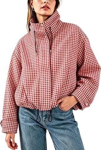 Veste femme à carreaux, col montant et fermeture zippée – Style décontracté chic et court