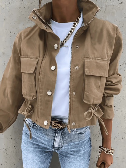 Women’s Biker Jacket with Mandarin Collar and Long Sleeves – Chic, Casual Vintage Style