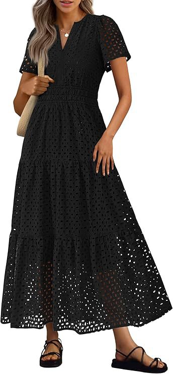 Robe Longue Fluide de Vacances à la Plage pour Femme – Style Col en V à Manches Courtes Eyelet