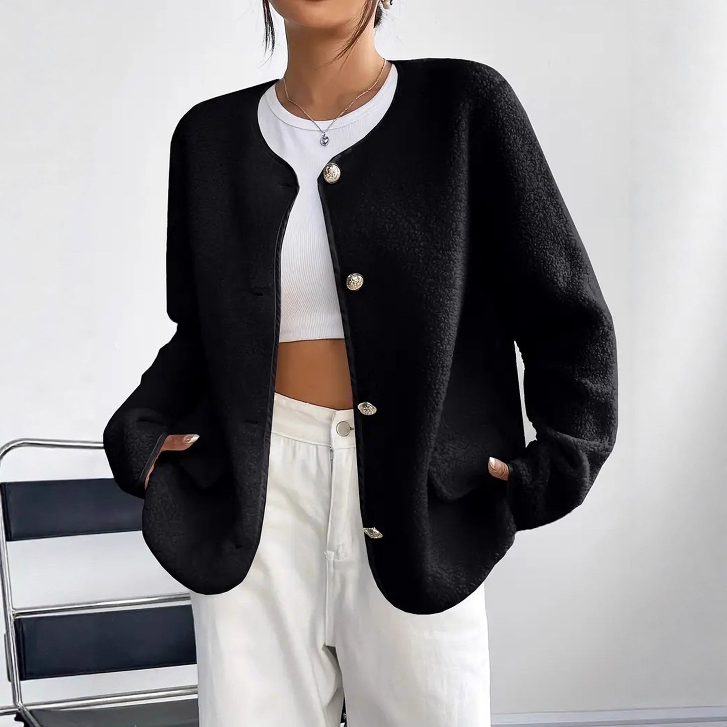Cappotto in lana testurizzata da donna per taglie forti, ispirato a Chanel – Stile classico ed elegante
