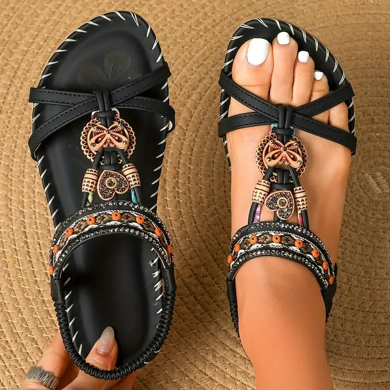 Sandales Élégantes Femme à Strass – Style Bohème Perlé et Brodé