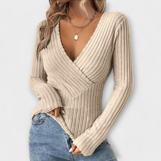 Pull-Over Femme à Col V Twist – Maille Côtelée à Manches Longues Surplice