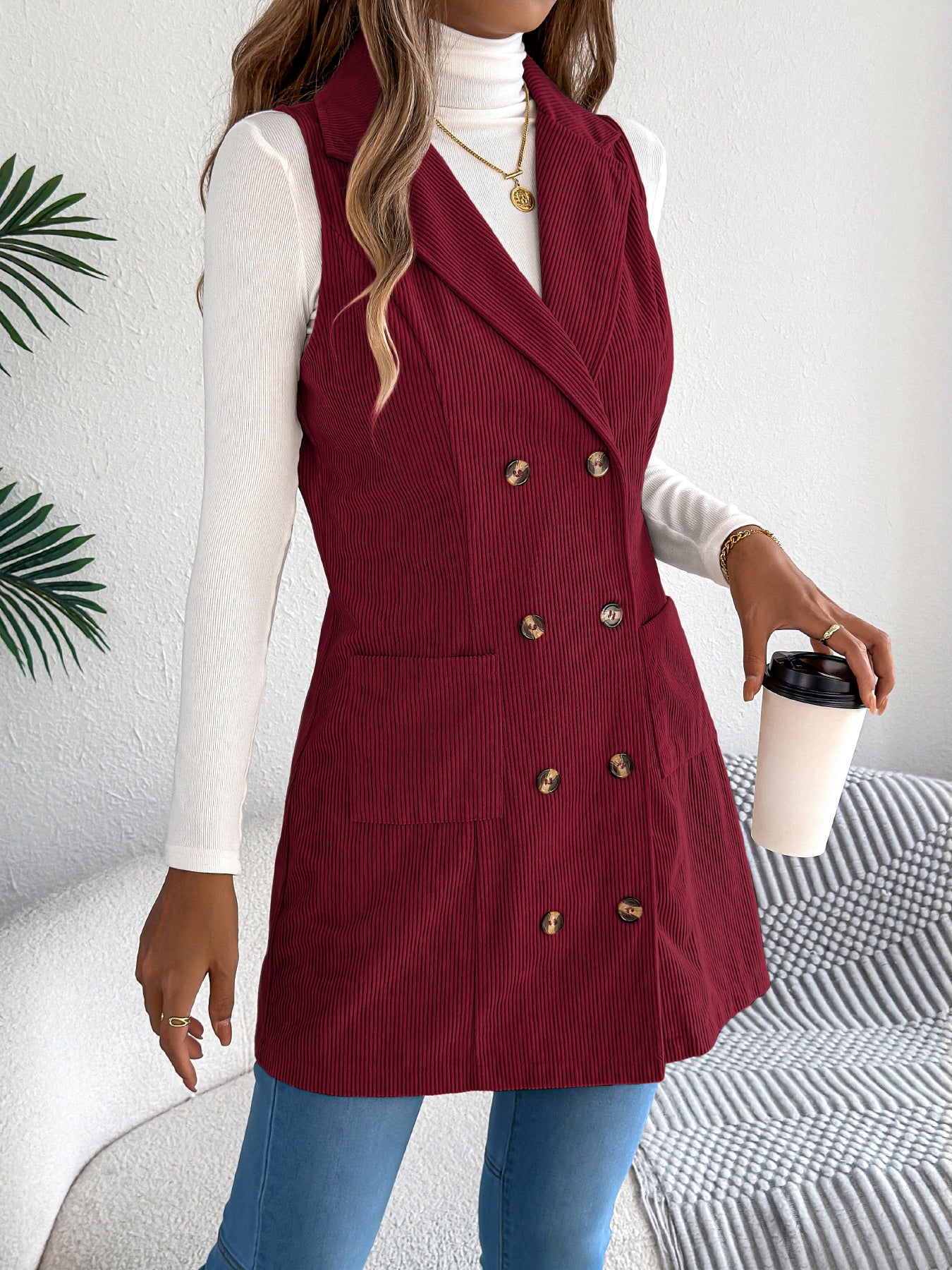 Veste-gilet longue en velours côtelé unie pour femme – Modèle décontracté à double boutonnage et poches, idéal pour jouer les superpositions