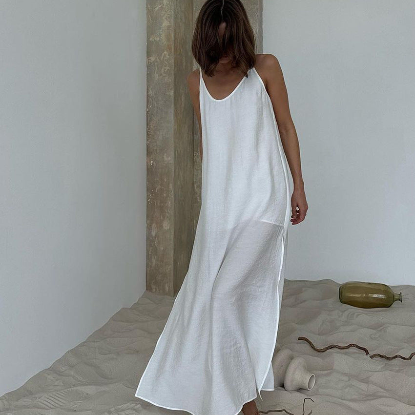 Robe Longue Élégante Minimaliste à Bretelles pour Femme – Été Décontracté Blanche