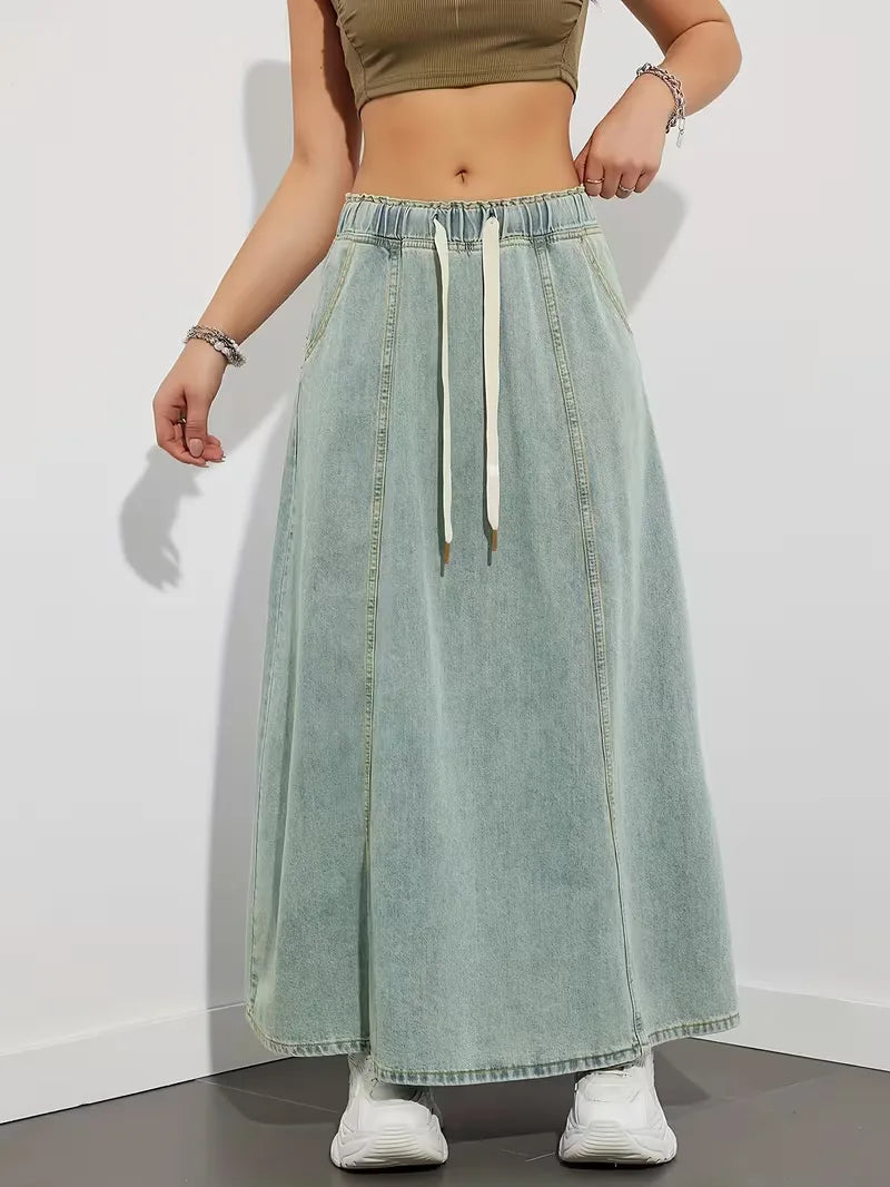 Women's maxi denim skirt with elastic waistband - Comfortable and practical