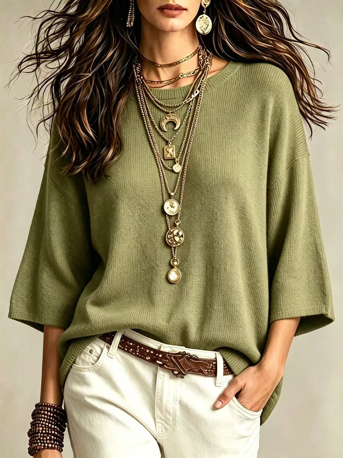 Jersey holgado de mujer - Con mangas anchas y cuello redondo