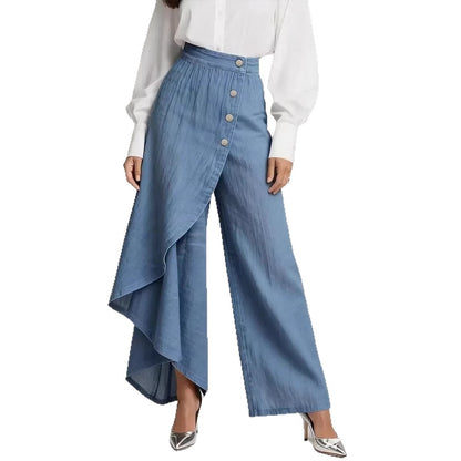 Pantalon faux jean droit unique pour femmes – Pantalon mode avec boutons à volants