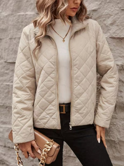 Women's Diamond-Pattern Coat with Long Sleeves – Solid-Color Style, Notched Lapel, Relaxed Fit