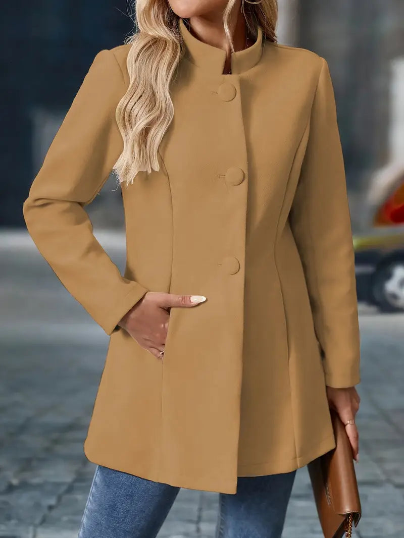 Manteau d’Hiver Mi-Long Élégant pour Femme – Manteau à Col Montant Boutonné