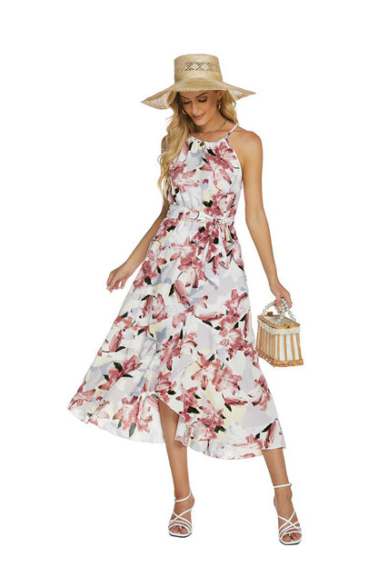 Robe Midi Élégante à Col Halter pour Femme – Imprimé Floral Satinée Sans Manches