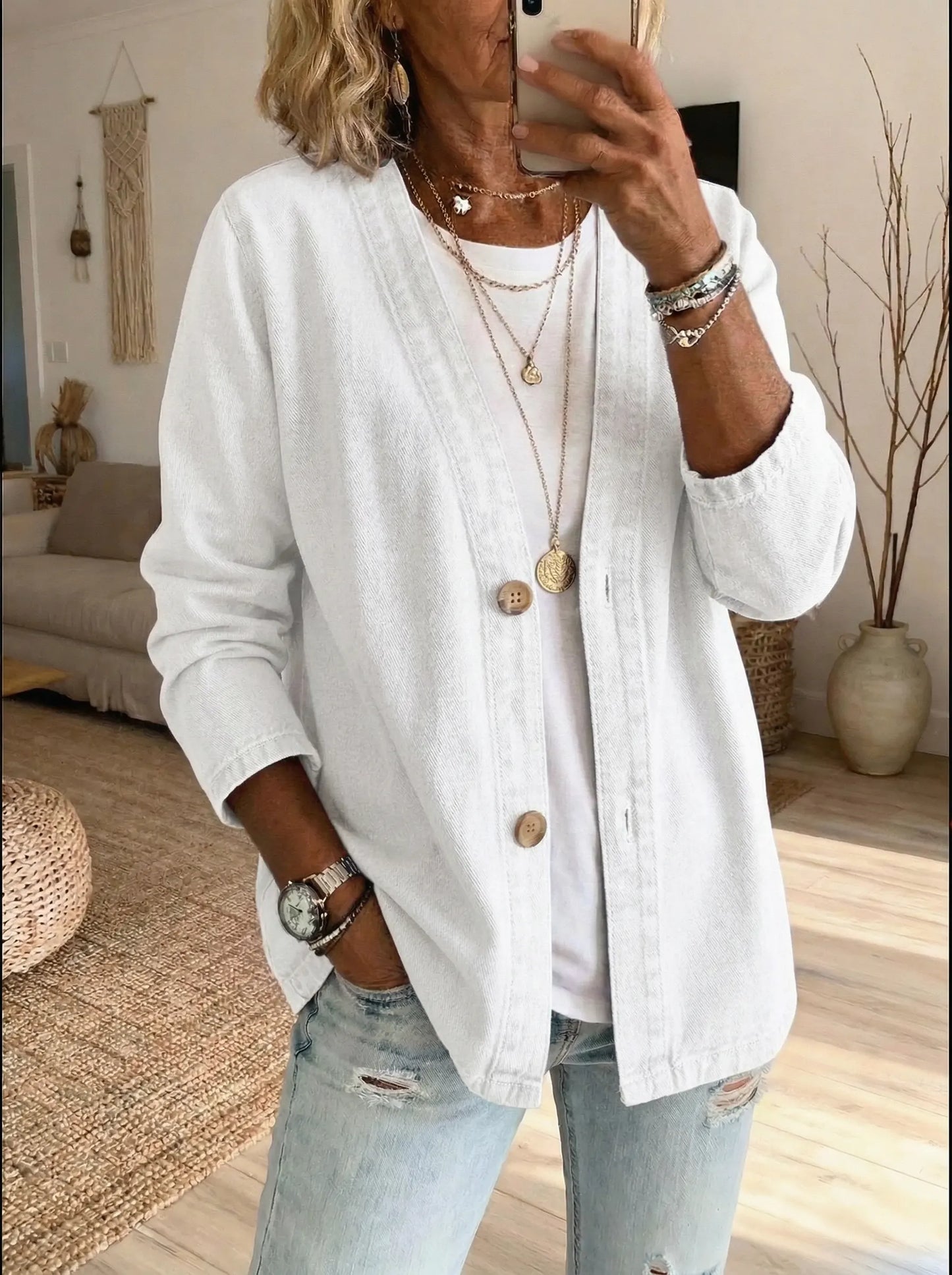 Cardigan casual in denim da donna con bottoni – Uno stile elegante e disinvolto, ideale per creare outfit a strati ogni giorno