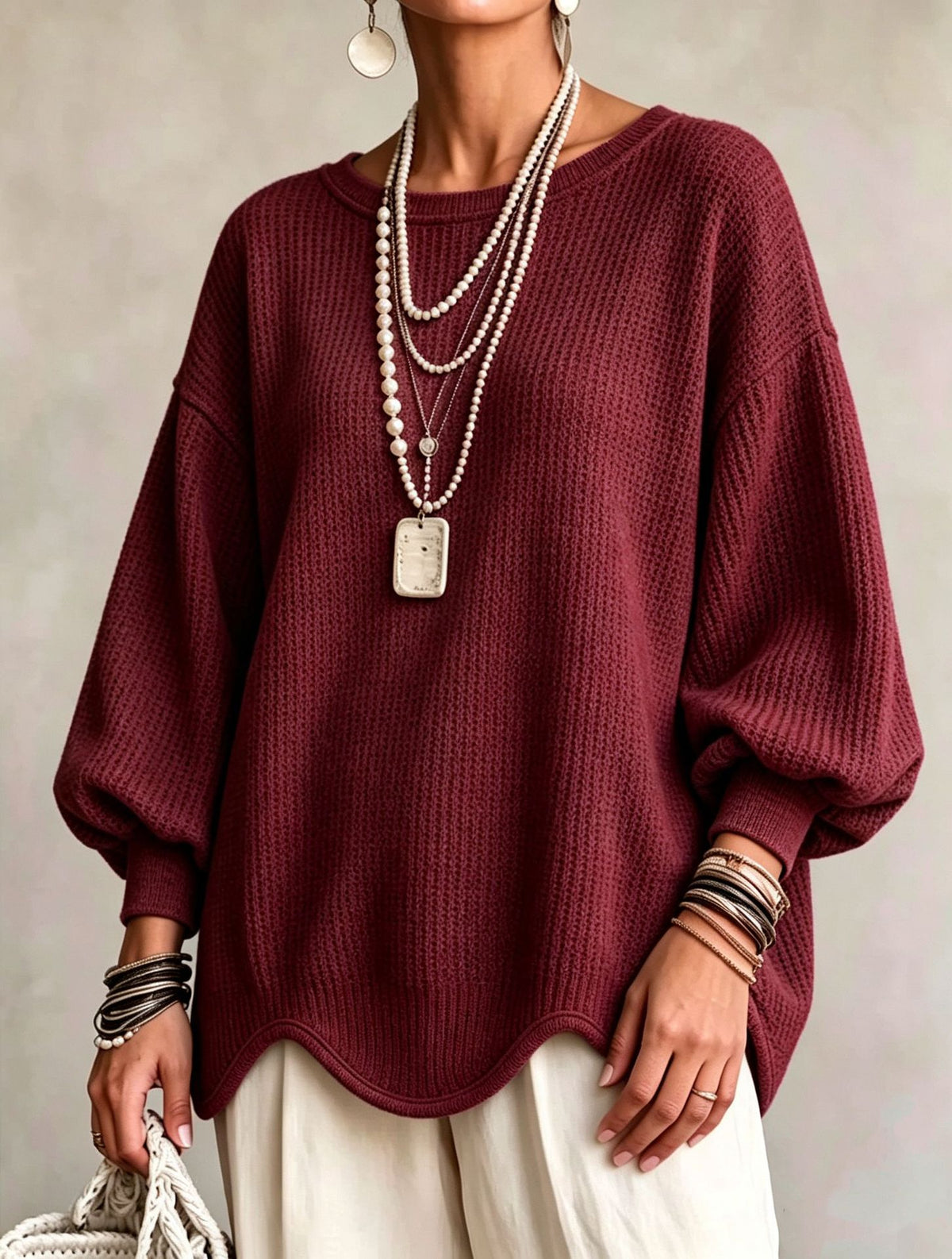 Women's top - Round neck, puff sleeves, and wavy hem