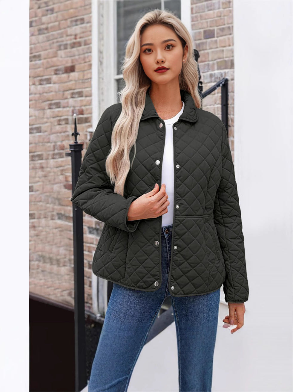 Solid Women's Quilted Jacket – Casual Style with a Warm Notched Collar