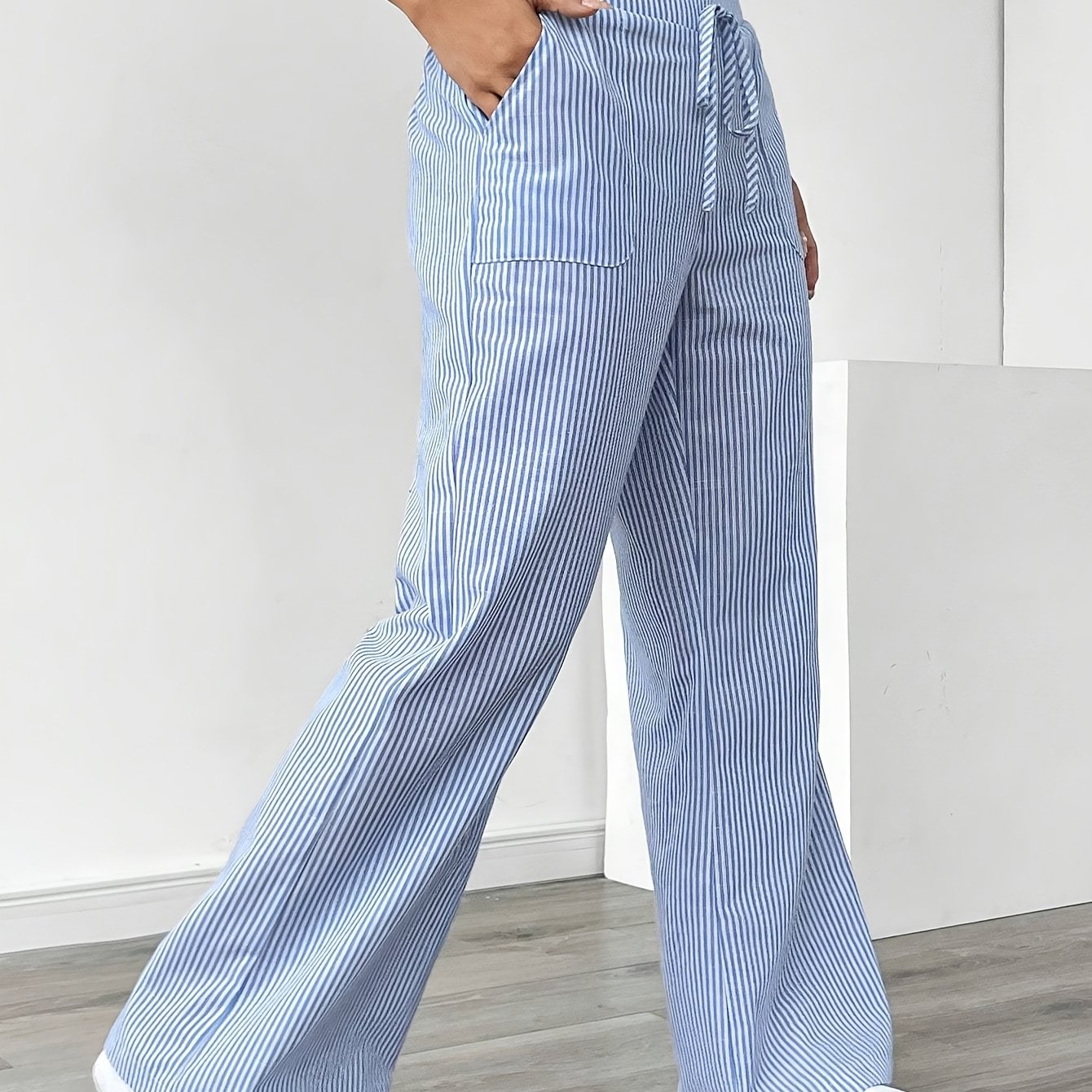 Pantalon Jambe Large à Poches Latérales, Imprimé Rayé Décontracté Taille Cordon, Printemps &amp; Été, Vêtements pour Femmes