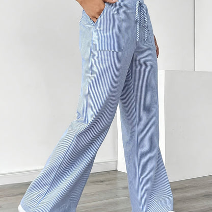 Pantalon Jambe Large à Poches Latérales, Imprimé Rayé Décontracté Taille Cordon, Printemps &amp; Été, Vêtements pour Femmes