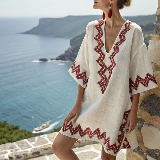 Embroidered women's kaftan tunic – ivory and red, chevron V-neck, beach style