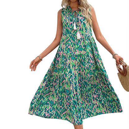 Robe Maxi Sans Manches à Imprimé Abstrait pour Femme – Style Décontracté à Volants pour Vacances