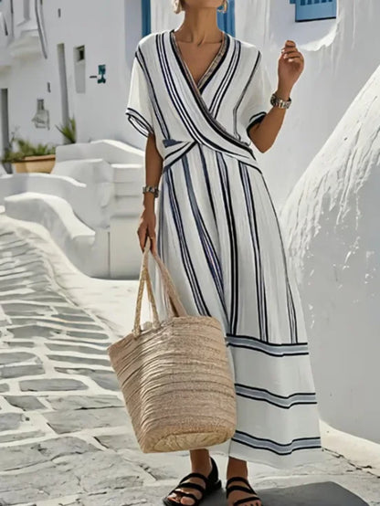 Robe d'été à rayures abstraites pour femme – Col en V, manches courtes, coupe trapèze évasée