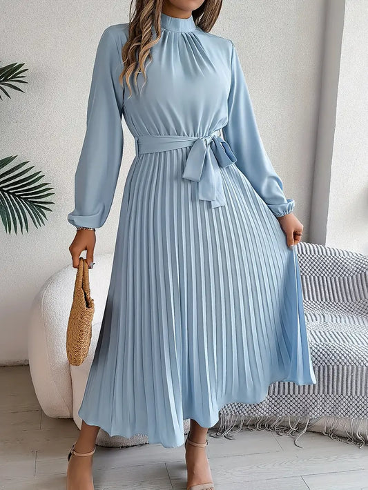 Elegant Pleated Midi Dress for Women with Belt – Long Sleeves A-Line Style