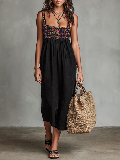 Robe midi brodee effet suedine femme - Boheme et elegante