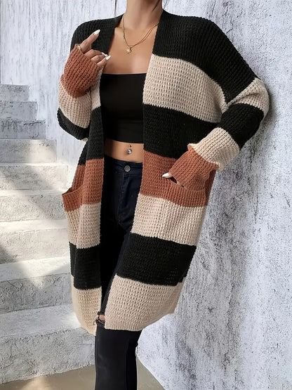 Cardigan à manches longues rayé et ample pour femme – Un style décontracté et confortable, disponible en trois couleurs