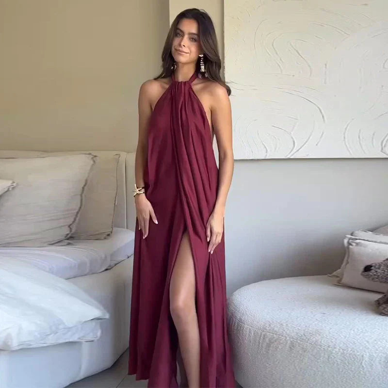 Robe maxi femme halter drapee avec ouverture - Elegante et habillee