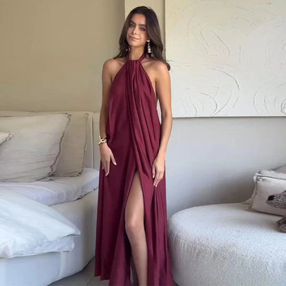 Robe maxi femme halter drapee avec ouverture - Elegante et habillee