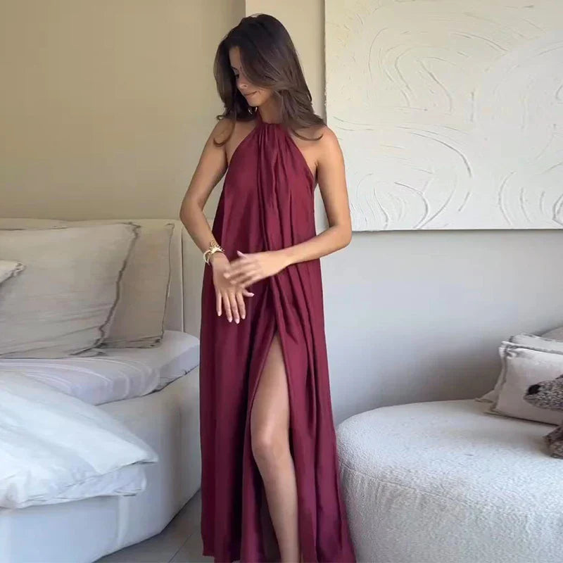 Robe maxi femme halter drapee avec ouverture - Elegante et habillee