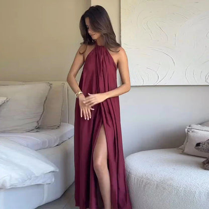 Robe maxi femme halter drapee avec ouverture - Elegante et habillee