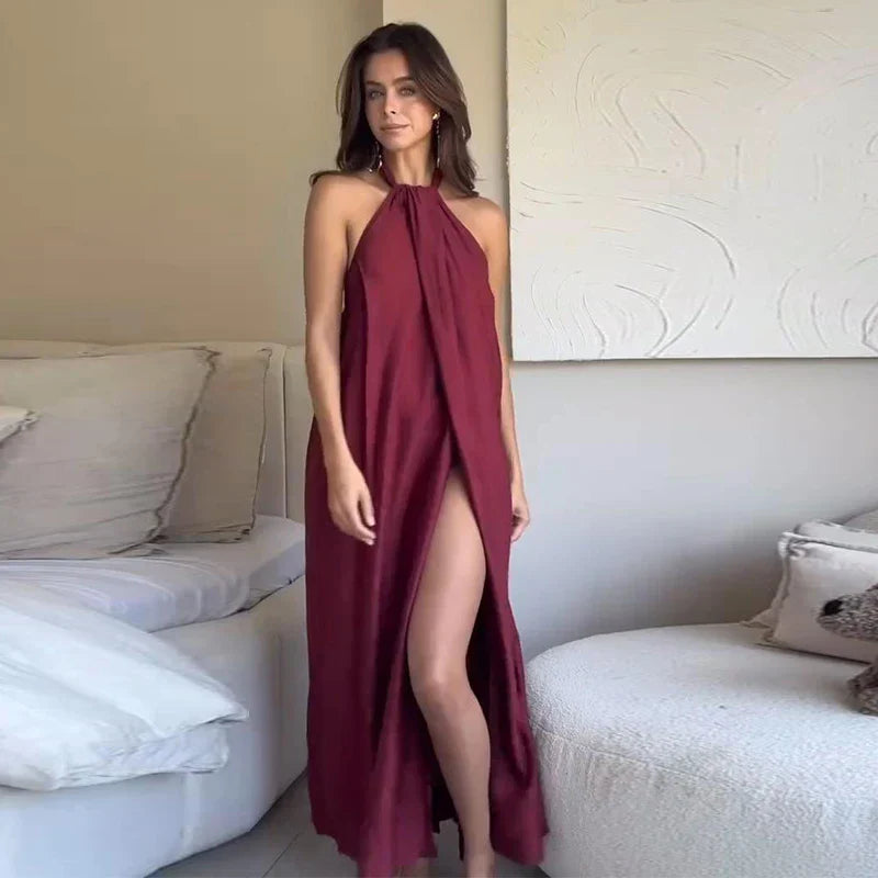 Robe maxi femme halter drapee avec ouverture - Elegante et habillee